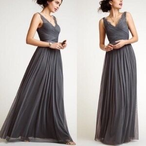 Hitherto BHLDN Gray Whimsigoth Fairy Mesh Overlay Tulle Lace Maxi Dress Size 4